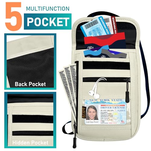 Image of Travel Neck Wallet & RFID Blocking Sleeves for Men and Women, Neck Money Pouch Anti Theft Travel Document Organizer with Adjustable Strap - Beige