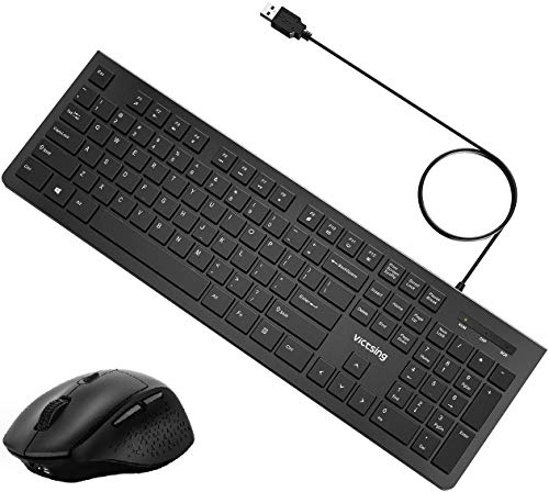VicTsing Keyboard and Rechargeable Wireless Mouse, Comfortable Ergonomic Mouse & Silent Click /5 Adjustable DPI /6 Button, Wired Keyboard with Foldable Stands for Laptop PC MacBook Desktop