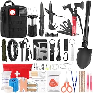 Survival Kit and First Aid kit, 160 Pcs Emergency Supplies Camping Accessories with Upgraded Molle Bag, Gifts for Men and Women Outdoor Adventure Camping Hiking Hunting