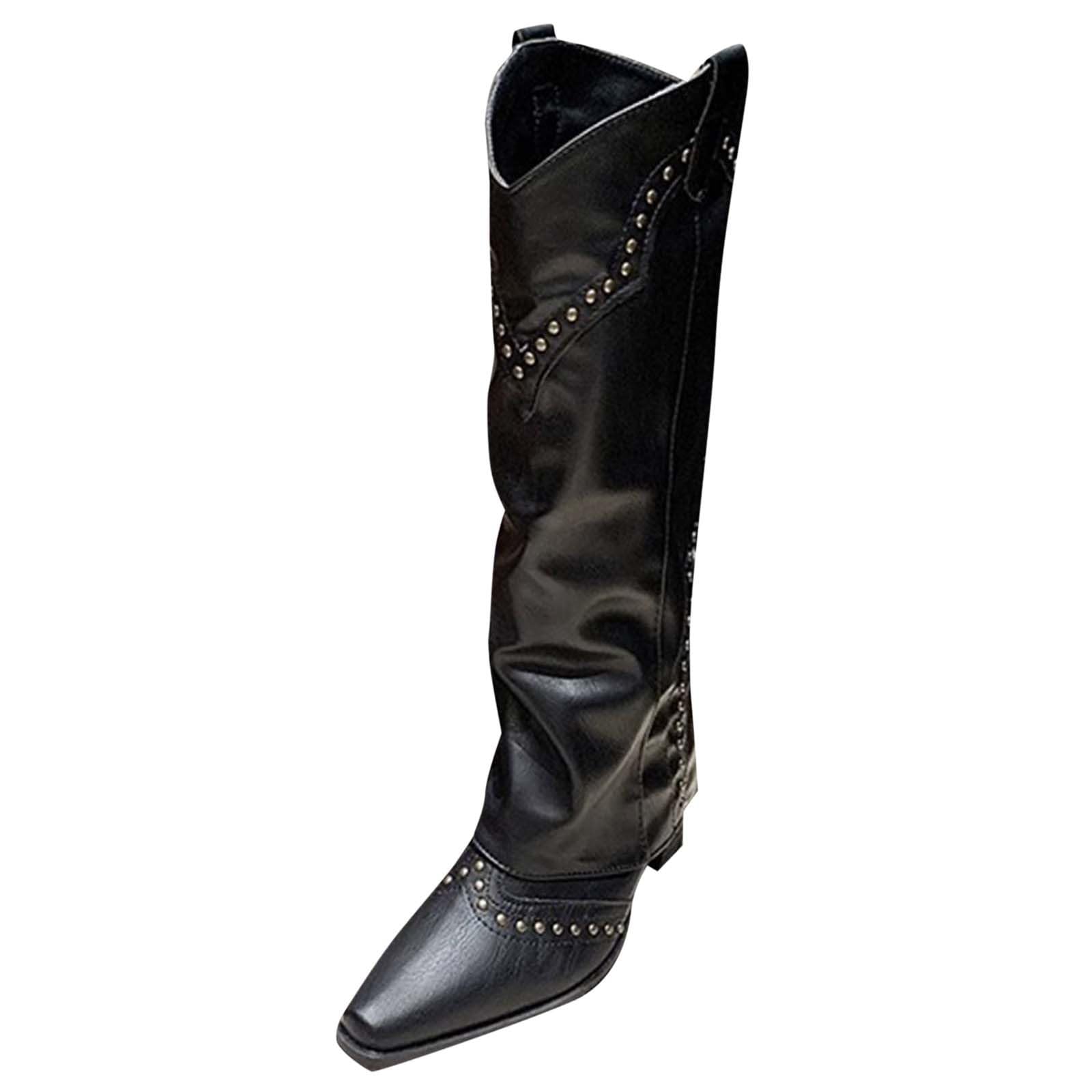 Knee High Boots for Women Fold Over Rivet Wide Calf Boots Vintage Motorcycle Combat Low Heel Pull On