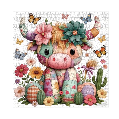 Highland Cow Flower Puzzle para Adultos 1000 Piezas, Rompecabezas Patchwork de Colcha, Rompecabezas de Mariposas Coloridas miniatura 2