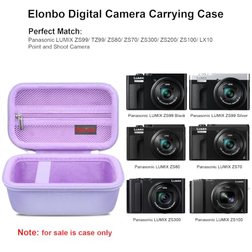 Image of Elonbo Camera Case for Panasonic LUMIX ZS99 / TZ99 / ZS80 / ZS70 / ZS300 / ZS200 / ZS100 / LX10 Point and Shoot Camera. Panasonic LUMIX Digital Camera Carrying Case. with Mesh Pocket fits Battery, Purple