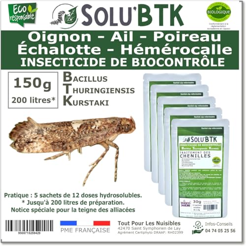 SoluBTK - Oignon, Ail, Poireau, Échalotte, Hémérocalle 150 gr Bacillus thuringiensis BTK - Insecticide Utilisable en Agriculture Biologique