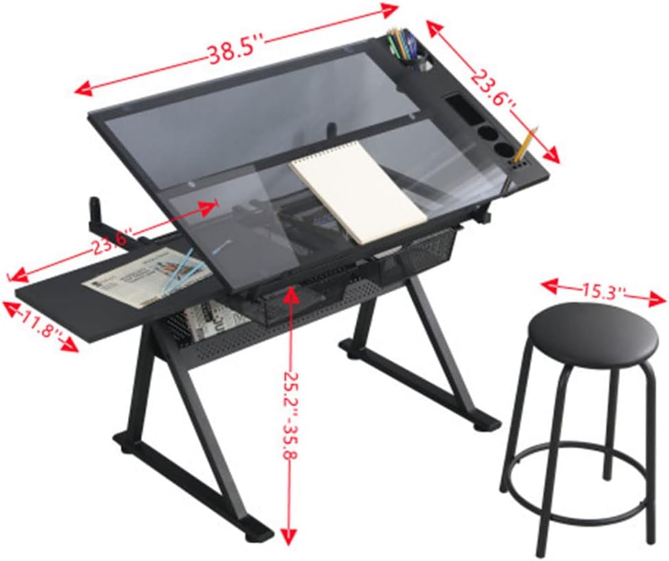 Glass Drafting Table Art Desk, Height Adjustable Multifunctional Modern Artist Drawing Table Tilted Tabletop with Chair and Drawers for Craft Station Studio Home Office School