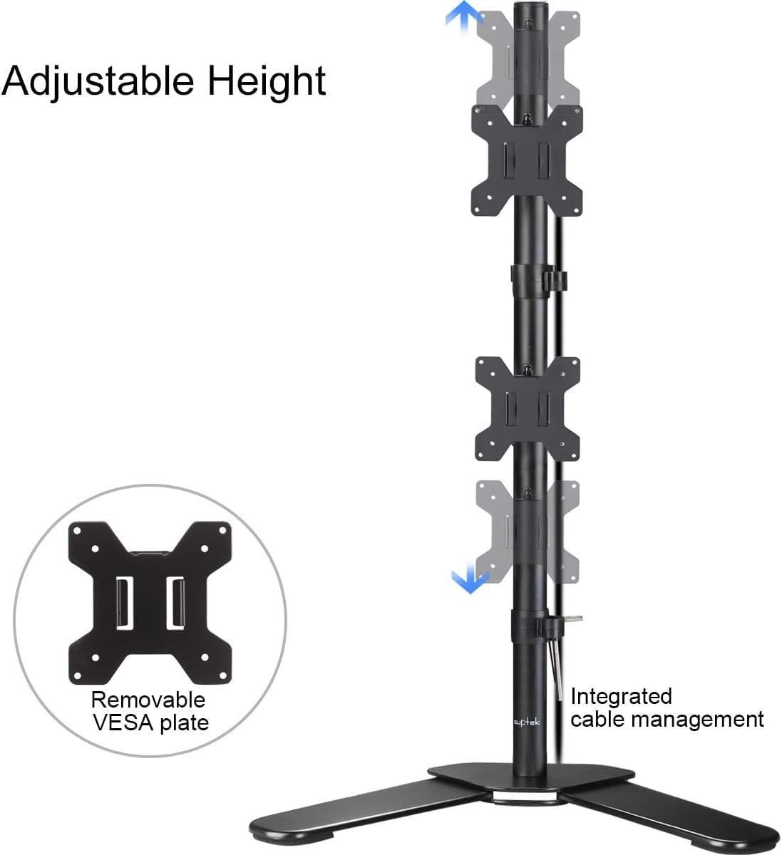 Adjustable height feature of the monitor stand with removable VESA plate