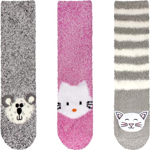 Image of BambooMN Super Soft Warm Cute Animal Face Non-Slip Fuzzy Crew Winter Home Socks, Value Pack
