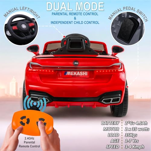 MEKASHI Electric Ride on Car for Kids, Parental Remote, 12V Rechargeable Battery, 3 Speed, LED Lights, Music, Bluetooth, 1 to 7 Years, Swing Function, Long Wheelbase, ISI Mark, MKS003-Red - Image 4