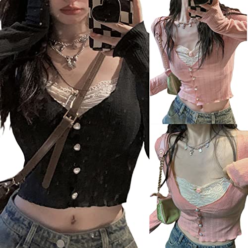 Image of Fairy Grunge Shirts for Women Y2K Tops Long Sleeve Lace Patchwork Tees Teen Girls Vintage Slim Blouse Fall Clothes
