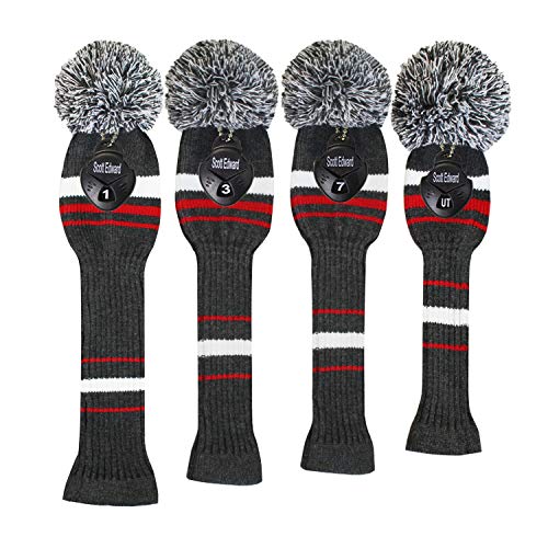 Scott Edward Gray White Red Stripes Golf Headcover Set 4 for Driver Wood(460CC) Fairways Hybrid/UT, with Rotating Number Tags - Thumbnail 2