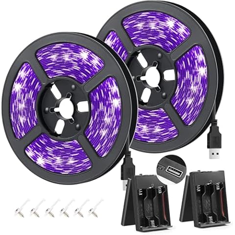 YGS-Tech 16.4FT UV Black Light LED Strip, 3528 385nm-400nm USB UV Light Strip, Non-Waterproof Blacklight Strip with Battery Box, for Fluorescent Dance Party Body Paint(2 Pack) Cover