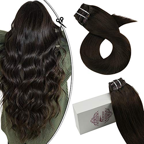 Moresoo 16 inch Clip on Extensions Human Hair 100g 7Pieces Full Head Set Darkest Brown Straight Unprocessed Hair Extensions