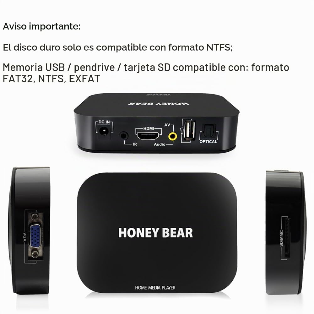 Reproductor multimedia HD 1080, soporta unidades de disco duro externo de 2TB, disco U, lector de tarjetas SD/MMC, conectores de HDMI ,VGA y AV