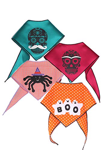 Tail Trends 4 Pack Halloween Dog Bandanas with Designer Appliques for Medium to Large Sized Dogs - 100% Cotton