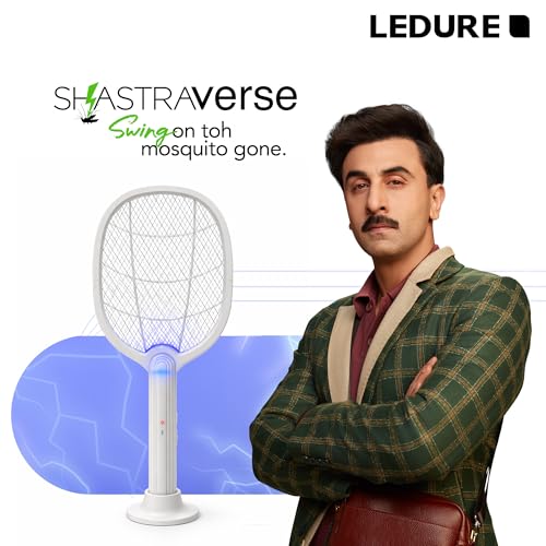 Image of Ledure Mini UV Shastra Mosquito Bat with UV Light | 2-in-1 Rechargeable Mosquito Killer Racket with USB Type-C | 6 Months Warranty | Auto Kill Electric Mosquito Racket with Stand | White