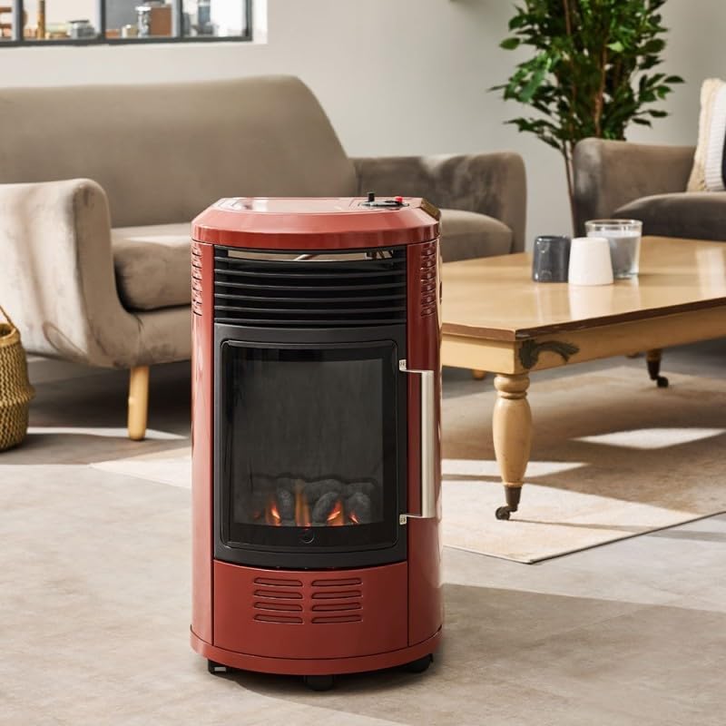 FAVEX - Chauffage d'appoint à gaz Volga Rouge brique - Prêt à l'emploi livré avec tuyau et détendeur - Infrableu effet feu de cheminée - 6 puissances de chauffe Thermostat - Jusqu'à 40 m²
