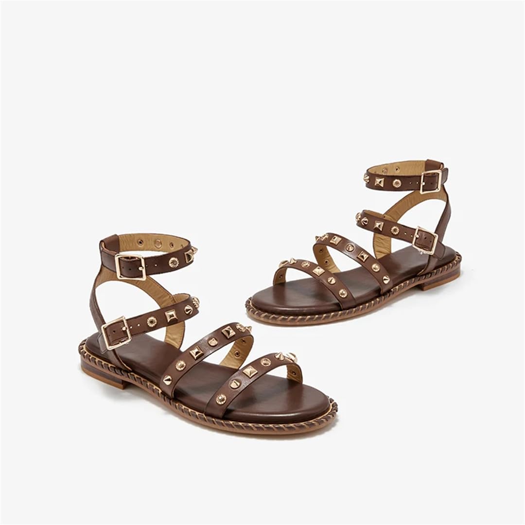 Sandalias básicas de piel de vaca con correa de tobillo y tacón plano para mujer, estilo informal, con hebilla, café, 38.5 EU