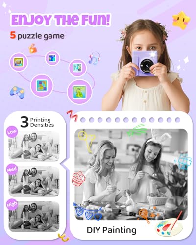 Image of TIATUA Kids Instant Print Camera, 1080P HD Video Digital Toy, Purple | Includes 32GB Card, 3 Rolls Paper & 5 Coloured Pens, Inkless Print, Christmas Birthday Toy Gift for Kids 3-14