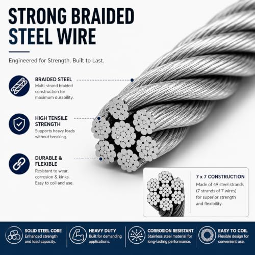 Image of TASMAX Wire for Clothes Drying Rope with Hook Steel Rope for Drying Clothes 10 Meter Pack of 1