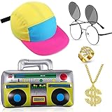 Cindeer 5 Pcs 90s Hip Hop Accessories for Men Women 80s Outfit Neon Hat Sunglasses Gold Dollar Chain Ring Inflatable Radio(Rose Hat Brim)