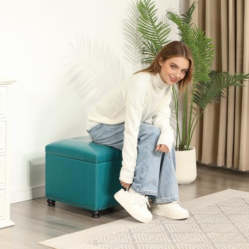 Image of Joveco Leather Storage Ottoman, 24 inch Rectangle Tufted Upholstered Bench, Foot Rest Stool with Wood Legs, Footstool for Living Room, Bedroom