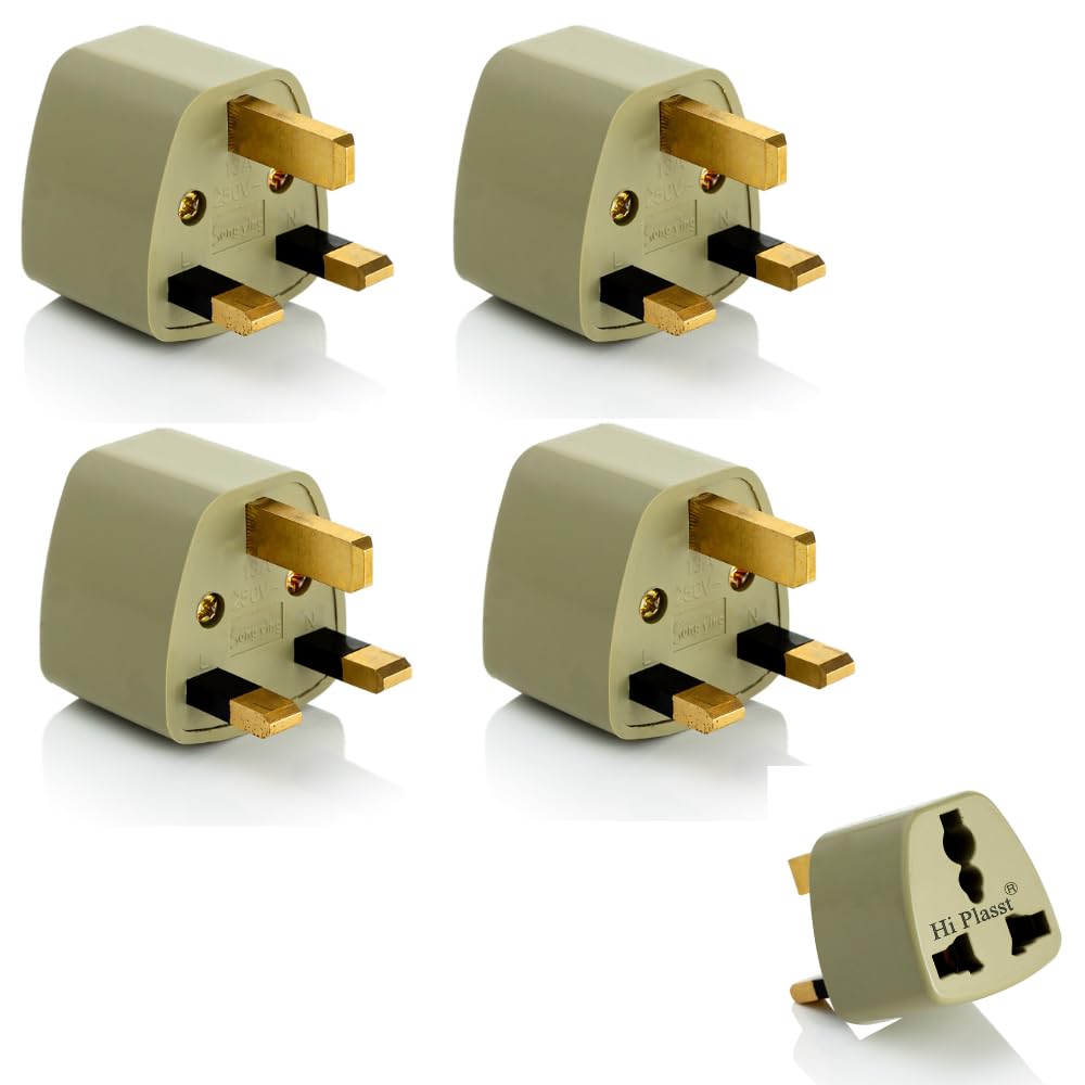 hi-plasst (pack of 4) india to uk plug adapter type-g converter - universal travel adapter for uk, uae, singapore, hong kong, ireland, kenya, dubai