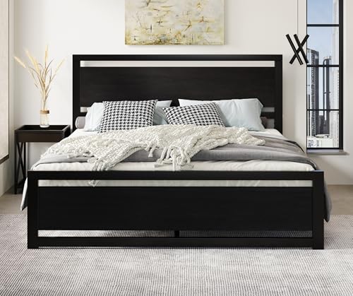 SHA CERLIN Heavy Duty King Size Bed Frame with Modern Headboard, Black