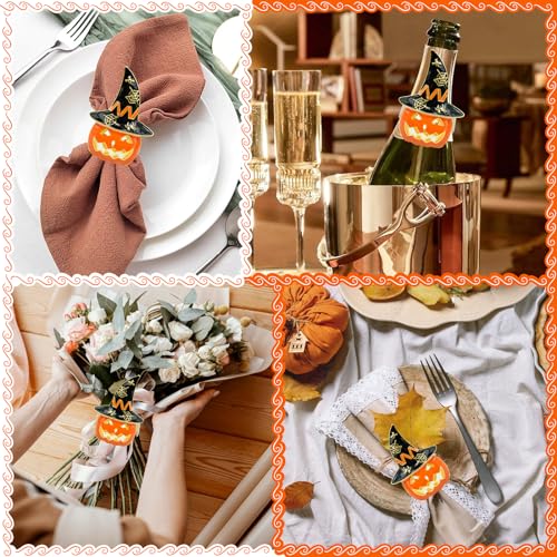 Image of Legigo Set of 12 Halloween Napkin Rings for Dinning Table Settings- Horror Scary Orange Pumpkin Black Witch Hat Napkin Holder Ring for Holiday Party Kitchen Dinner Table Decarations