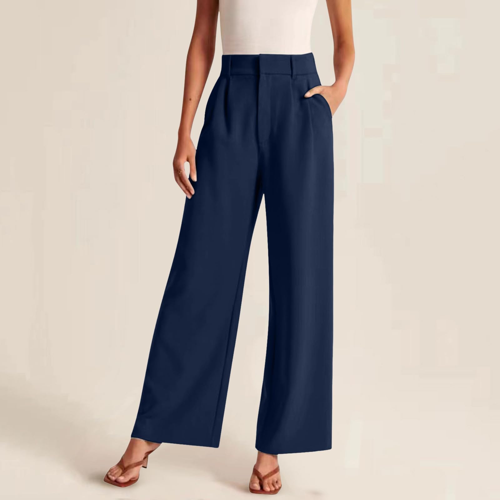 Anzughose Damen High Waist Weite Hose Damen Sommer Anzug Hosen Damen Business Freizeithose Wide Leg Palazzo Arbeitshose mit Tasche und Knöpfen Sommerhose Schlaghose Büro Anzughosen