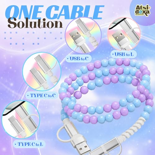 Image of 4-in-1 Beaded Charging Cable, MFi Certified, Works with CarPlay, 3.3FT 60W Fast Charger Cord for iPhone 17 /16 /15 /14 /13 /12 /11, iPad, Samsung, Android and More (Lavender Sky)