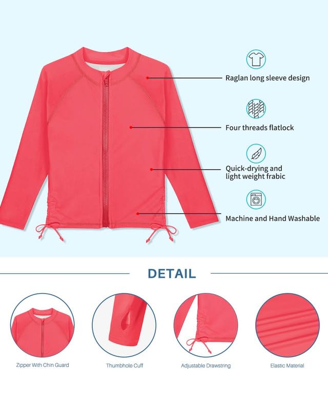 Image of BesserBay Big Girls Long Sleeve UPF 50+ Pink Surfing Shirt Sun Protection Zip Up Quick-Dry Rashguard 13-14 Years