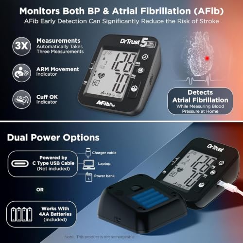Image of Dr Trust USA 131 Digital Blood Pressure Monitor with AFib Detection | US FDA approved | Dual Power Option | Arm Circumference (22-42 cm) | 5 Years Warranty BP Check Machine For Hypertension & Managing Heart Health, BP Apparatus