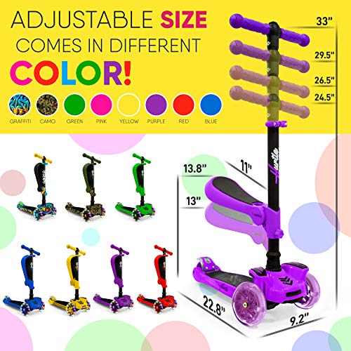 Image of Hurtle 3-Wheeled Scooter for Kids - Wheel LED Lights, Adjustable Lean-to-Steer Handlebar, and Foldable Seat - Sit or Stand Ride with Brake for Boys and Girls Ages 1-14 Years Old