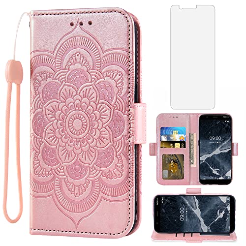 Asuwish Compatible with Nokia 5.1 Wallet Case and Tempered Glass Screen Protector Leather Flip Cover Credit Card Holder Stand Cell Accessories Phone Cases for Nokia5.1 Women Men Rose Gold