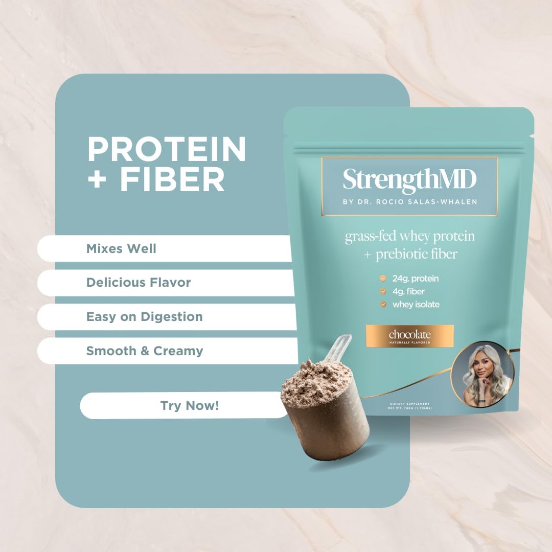 StrengthMD Physician Formulated Protein + Fiber Shake for GLP-1 Support | 24g Protein Grass-Fed Whey, 4g Fiber & Digestive Enzymes, Low Carb, No Added Sugar, Chocolate, 1.72 lb