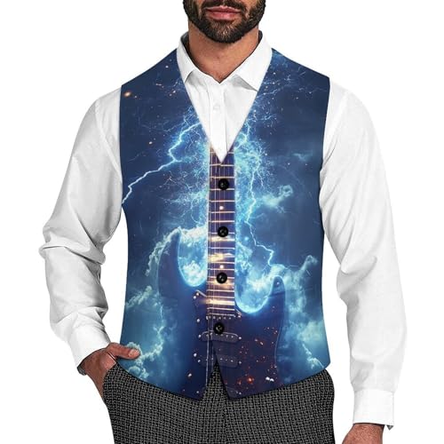 Rock Electric Guitar with Lightning Men's Suit Vest Slim Fit V-Ncek Waistcoat Business Casual Vest