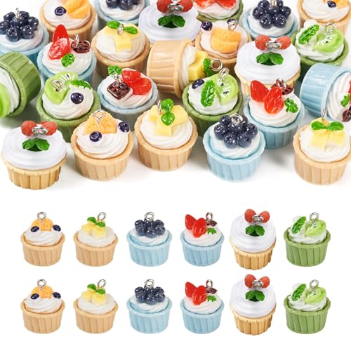 Pendentifs résine cupcake 18-19mm avec boucle métal pour création bijoux (Lot de 24, 6 styles)