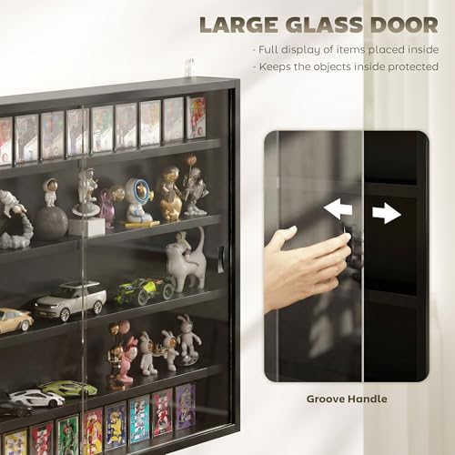Image of HOMCOM 5-Tier Display Cabinet, Glass Door Cabinet with Adjustable Shelves, Wall-Mounted Display Case for Playroom, Bedroom, Jet Black