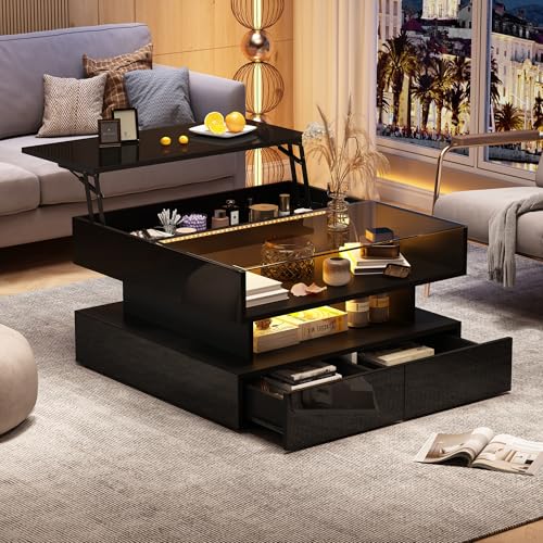 QSOST Table Basse relevable 80x80x45 cm avec Rangement caché, 2 tiroirs, LED réglable Hauteur réglable Plateau en Verre trempé, Finition Haute Brillance...