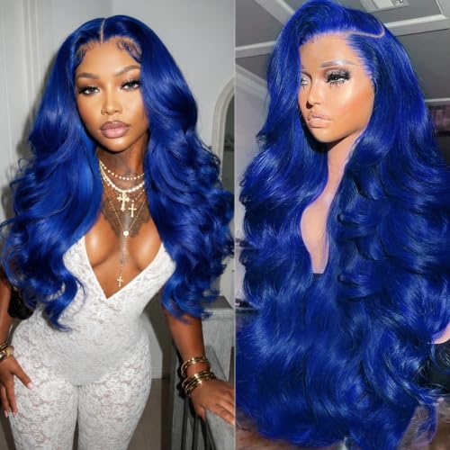 30 Inch Dark Blue 200 Density Body Wave HD Lace Frontal Wigs Human Hair 9X6 Wear and Go Glueless Blue Lace Front Wigs Human Hair Colored Body Wave Human Hair Wig Pre Cut for Women Human Hair Wig