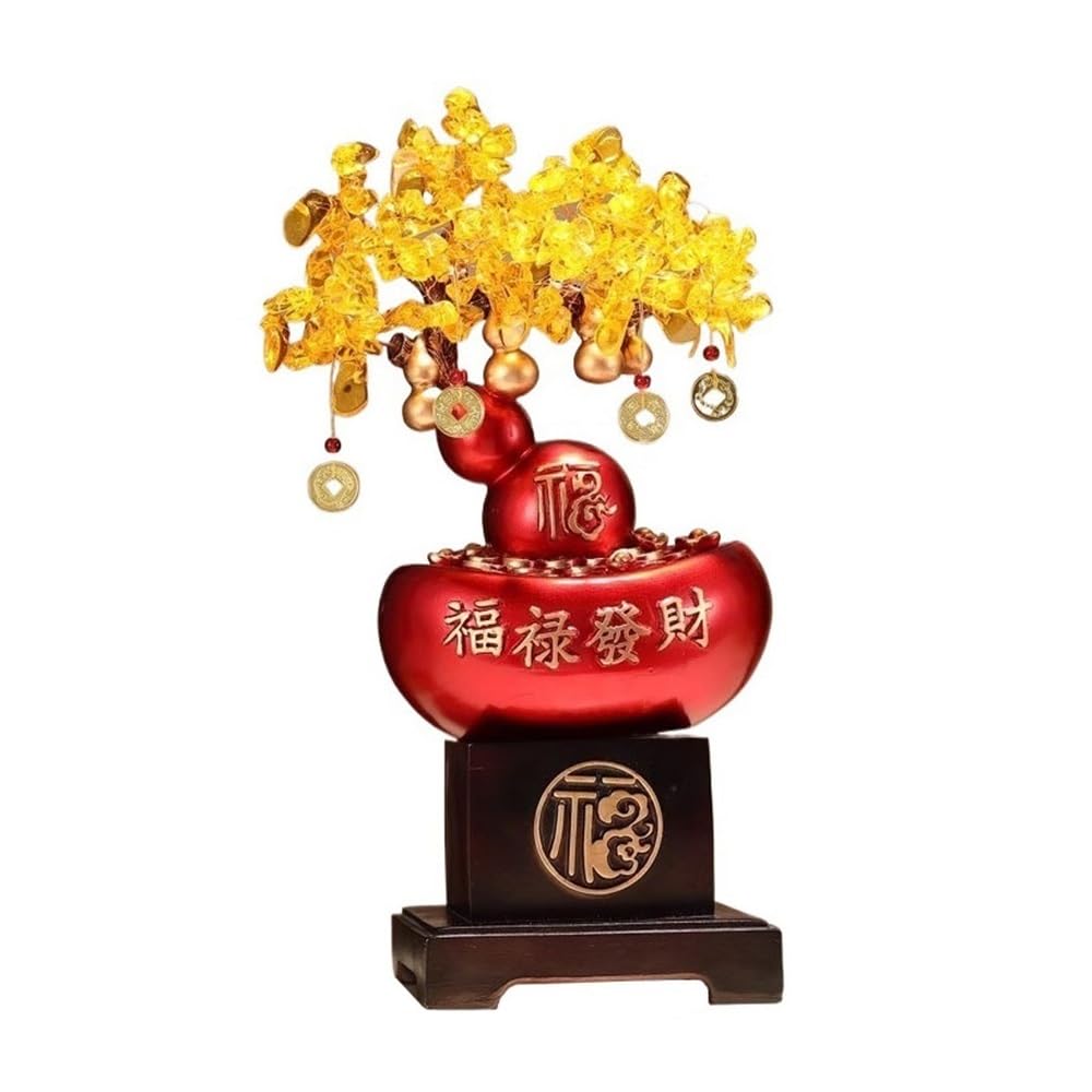 Home Decor Citrine Fortune Tree with High Base, Gold Ingot Opening Housewarming Decor Bonsai(Red)