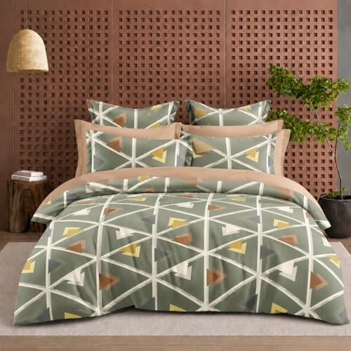 Image of DECOR2ADMIRE 300 TC Super King Size Glace Cotton Printed Bedsheet with 2 Pillow Covers - 108 inch x 108 inch (275cm x 275cm) - Available in Multiple Elegant Designs (Green Blocks)