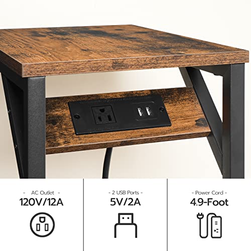 Hoobro C Shaped End Table With Charging Station, Retro Sofa Couch Side Table, Narrow Nightstand For Small Space, Living Room, Bedroom, Rustic Brown And Black Bf07Usf01 #TOP5