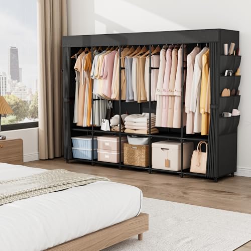 Image of Vicye Black Fabric Wardrobe Closet Wardrobe Closet with Cover 3 Clothes Rails