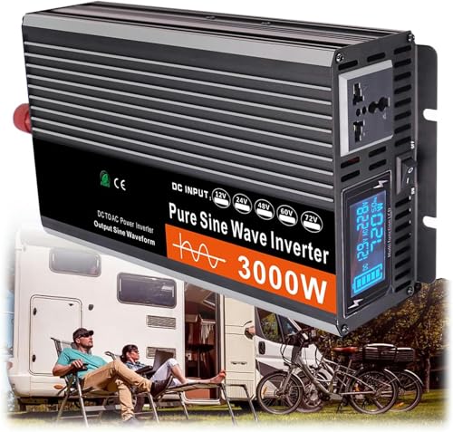 BTURYT Pure Sine Wave Power Inverter 1500 Watt Continua Power, 3000W Peak Power Inverters Convierte DC 12V/24V/48V/60V A AC 120V/240V con Pantalla LCD