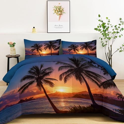Genérico Edredon Nordico 135 x 200 cm con 2 Fundas de Almohada 50 x 75 cm, Edredón Reversible Suave de 4 Estaciones Costa Caribe Planta Amanecer - Juego de Cama Estampado Azul
