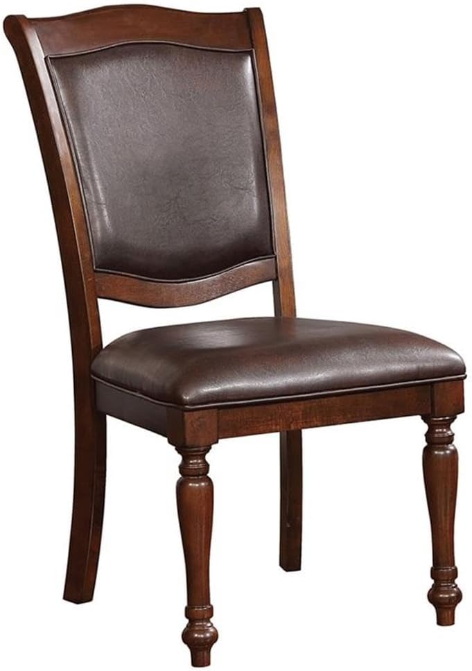 BOWERY HILL Wood Dining Side Chair, 21" W x 26" D x 39.75" H, Faux Leather Upholstery, Brown Cherry Finish, Set of 2, Camelback Design, Turned Front Legs, Traditional Style Dining Room Seating