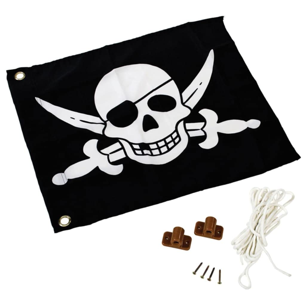 Flag with hoisting system for attaching to play towers, climbing towers, stilts houses or other play facilities (black with pirate motif)