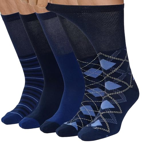 LOFIR Knee High Socks Men: Non Elastic Long Over The Calf Business Socks Non-Binding Soft Top Seamless Toe Combed Cotton for Work Office Casual Elderly Hiking Walking 5 Pairs Dark Navy 8-11