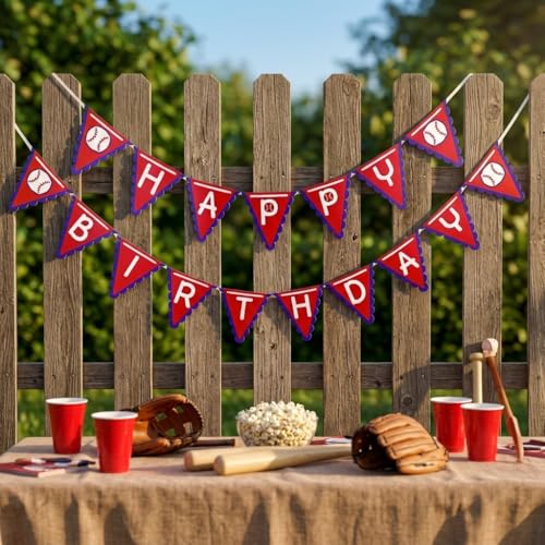 Image of Baseball Happy Birthday Banner Red Blue White Party Decorations,17Pcs Paper Bunting Birthday Supplies for Sports Theme Party,Baby Shower