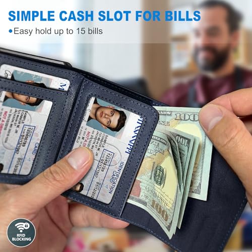 Image of miyozi Wallet for Men,with Cash Pocket 2 ID Window 9-13 Cards,Metal Case Smart Slim Pop Up Credit Card Holder Flip with Magnetic Closure RFID Blocking Trifold wallet with Gift Box